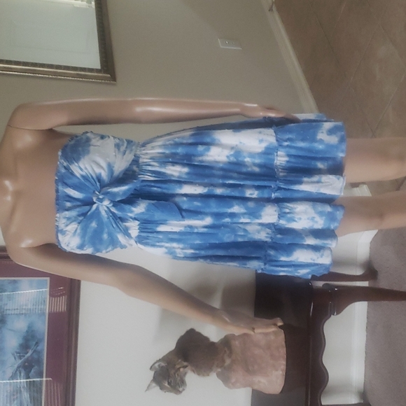 Boho s tiedye flowy ruffle bottom strapless mini dress smock back bow tie front - Picture 1 of 11
